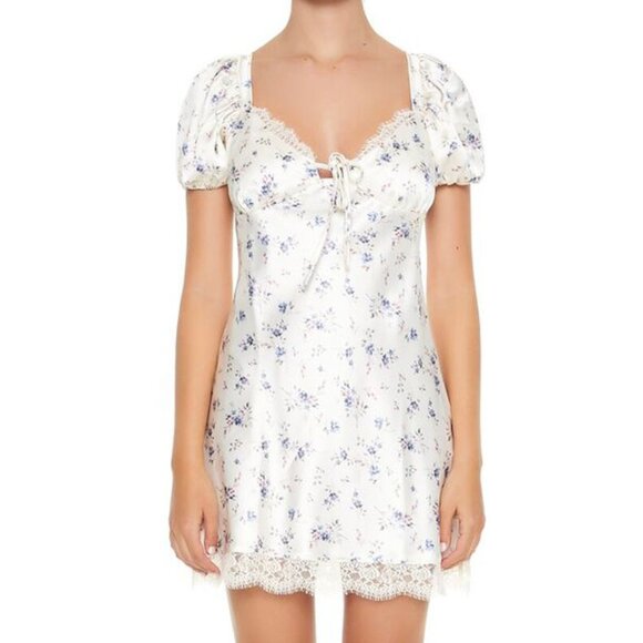 Forever 21 Small Satin Floral Puff-Sleeve Mini Dress NWT - Picture 1 of 5